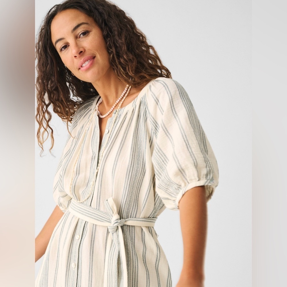 FAHERTY Boho Minimalist Oversized Carmel Dream Stripe Gauze Midi Dress Sz S NWT - Picture 6 of 14